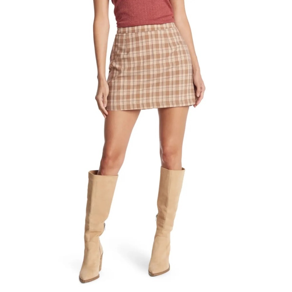 Abound Plaid skirt, lined, tan and blue-gray stripe